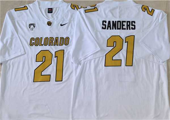 Mens Colorado Buffaloes #21 Shilo Sanders White 2023 With PAC-12 Patch Stitched Football Jersey